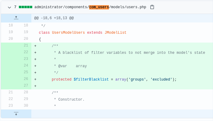 wynik działania git diff, który pokazuje dodany fragment kodu w nowej wersji Joomla!