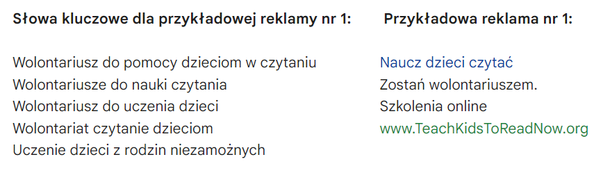 przykładowa reklama Google Ad Grants