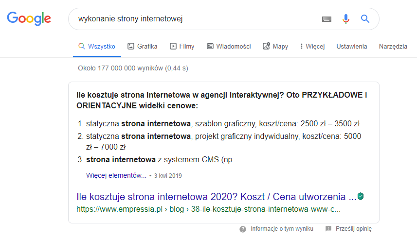 Feature snippet w Google serp