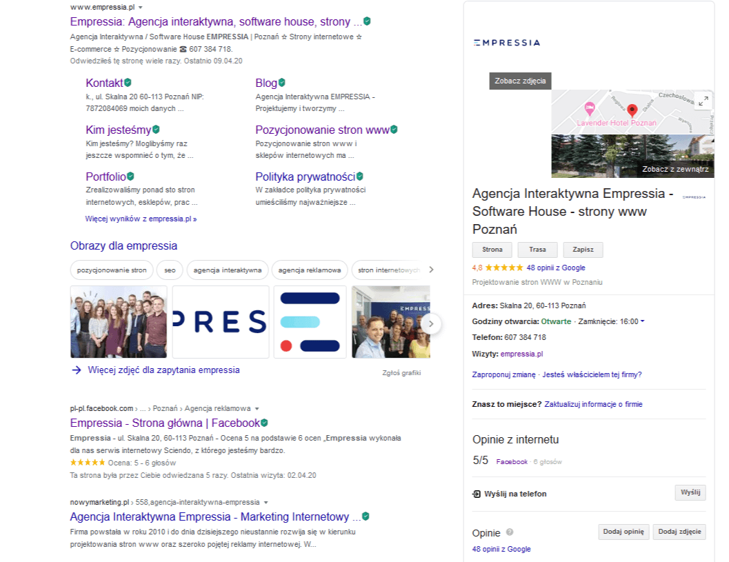 google moja firma informacje o stronie