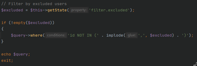 fragment kodu Joomla z dodanym poleceniem echo query i exit