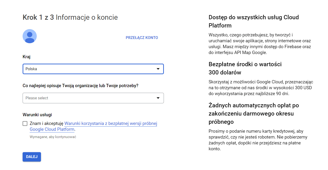 jak założyć konto rozliczeniowe Google Maps krok 4