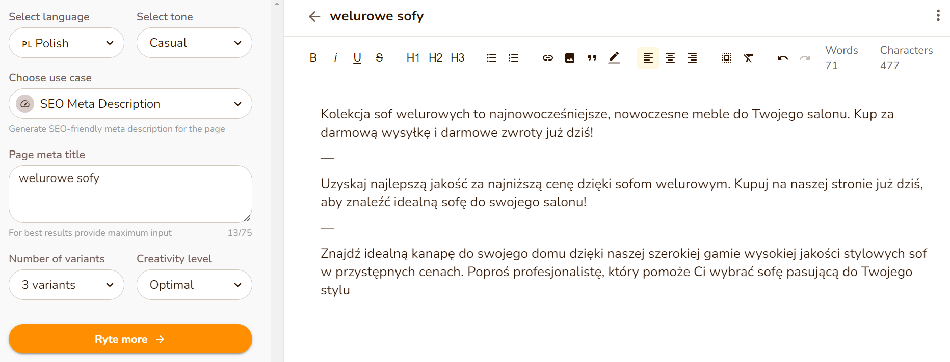 przykład seo meta description wygenerowanego przez rytr