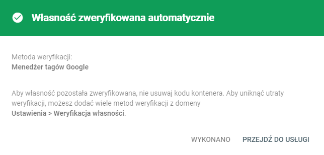 własność zweryfikiwana automatycznie Google Search Console